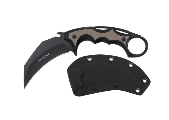 Tac-Force TF-FIX119BN fixed blade karambit featuring a black hawkbill blade, black aluminum frame with brown G10 handle scales, integrated finger ring, and molded ABS belt sheath.