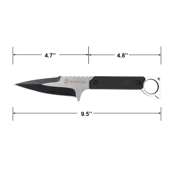 Side profile of the USMC fixed blade knife showing its 9.5-inch overall length, modified spear point blade, and ergonomic finger ring handle.