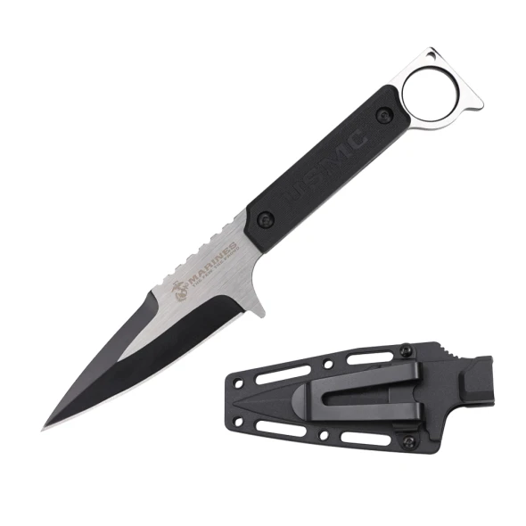 USMC officially licensed fixed blade knife with a black and satin modified spear point blade, black nylon fiber handle with finger ring, and molded ABS sheath.