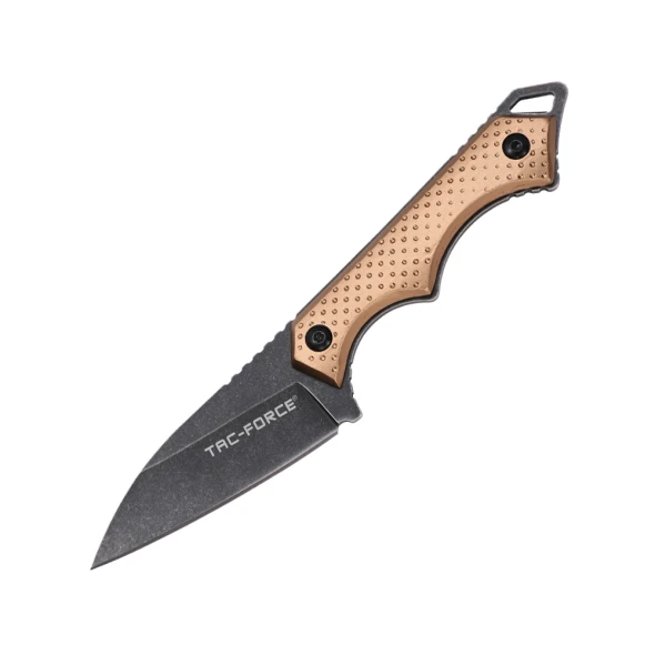 Tac-Force TF-FIX112BR compact fixed blade knife with stonewashed drop point blade, bronze anodized aluminum handle, and reinforced belt sheath.