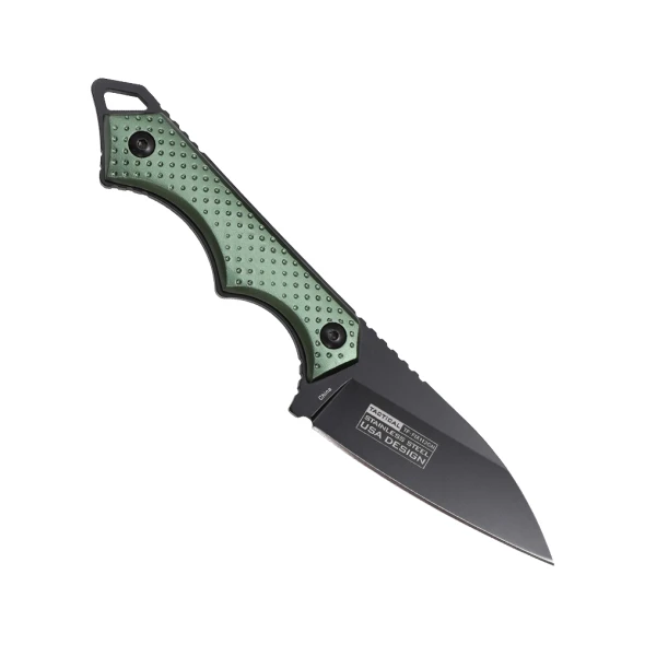 Tac-Force TF-FIX112GN compact fixed blade knife with black drop point blade, green anodized aluminum handle, and reinforced belt sheath.