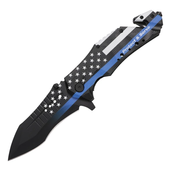 MTech USA Protect & Serve spring assisted folding knife open with Thin Blue Line American flag handle and black clip point blade.
