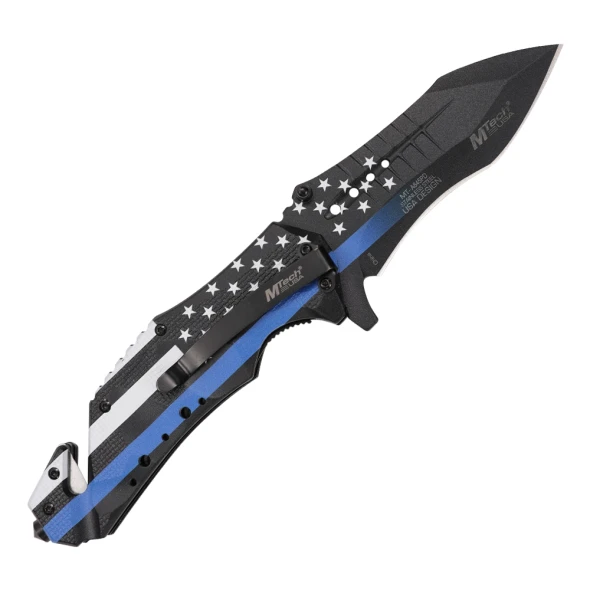 Reverse side of the MTech USA MT-A845PD spring assisted knife showing pocket clip, glass breaker, and Thin Blue Line flag artwork.