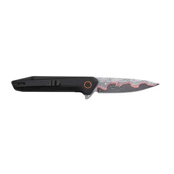 Reverse side of the MTech USA MT-A2031BK showing the etched blade pattern, pocket clip, and slim black handle.