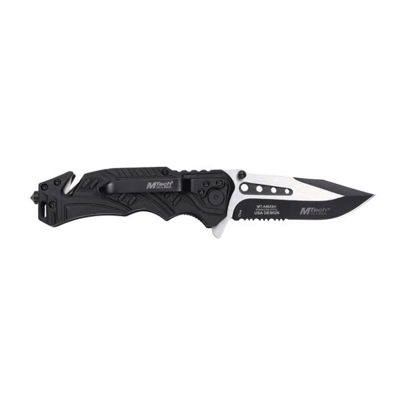 Open view of the MTech USA MT-A865SH Sheriff folding knife displaying the assisted opening blade, liner lock, pocket clip, and emergency rescue features.