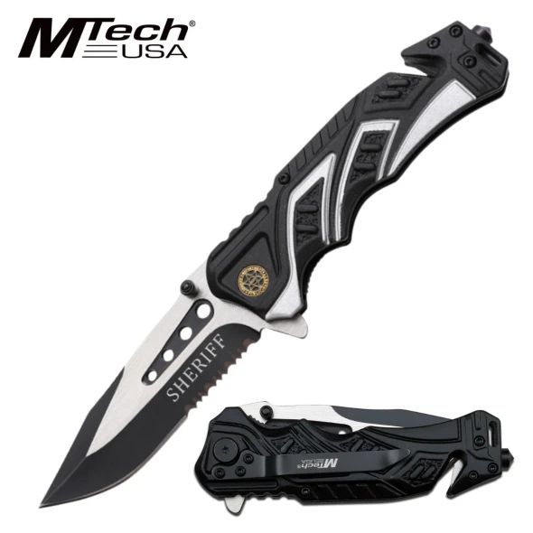 MTech USA Sheriff assisted opening folding knife with two-tone black and silver aluminum handle, half-serrated black and satin drop point blade, glass breaker, and belt cutter.