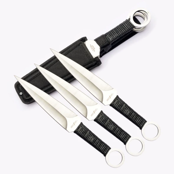 Perfect Point PP-024-3S three-piece throwing knife set featuring 12-inch satin-finished 3Cr13 stainless steel spear point blades, black leather-wrapped handles with finger rings, and a heavy-duty nylon carrying sheath.