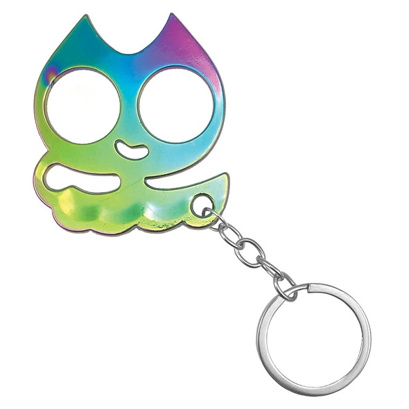 Rainbow Neo-Chrome Feline Guardian compact metal cat self-defense keychain featuring dual finger holes, colorful iridescent finish, and attached split key ring on a white background.