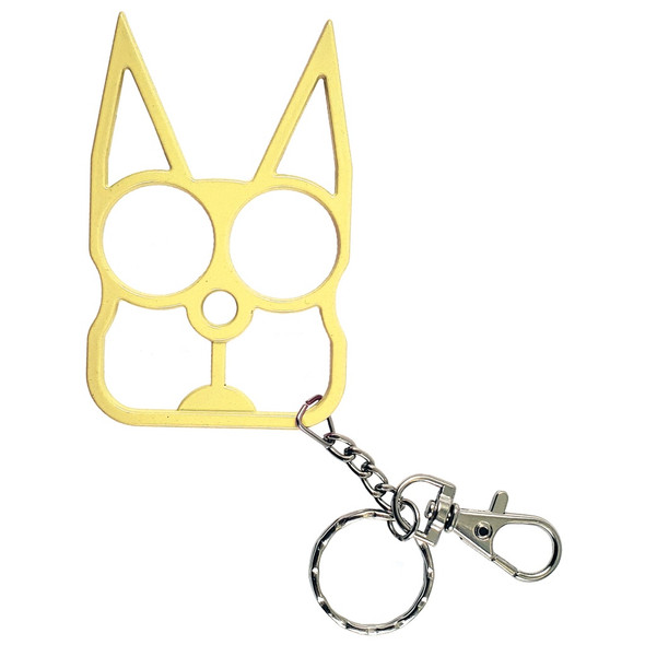 Alley Cat Palm-Guard yellow steel self-defense keychain featuring dual finger openings, extended cat-ear design, split key ring, and swivel lobster clasp displayed on a white background.