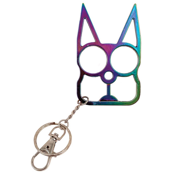 Alley Cat Palm-Guard Rainbow Neo-Chrome steel self-defense keychain featuring dual finger openings, extended cat-ear design, iridescent finish, split key ring, and swivel lobster clasp displayed on a white background.