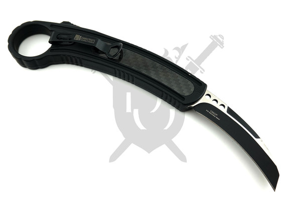 Reverse side of the Armed Force Tactical ArchAngel Descent OTF karambit showing the black pocket clip, carbon fiber handle inlay, and deployed talon blade.