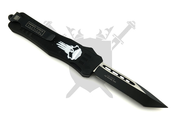 Reverse side of the Armed Force Tactical Model 112LPSTP OTF automatic knife showing the black pocket clip and deployed black American Tanto blade.