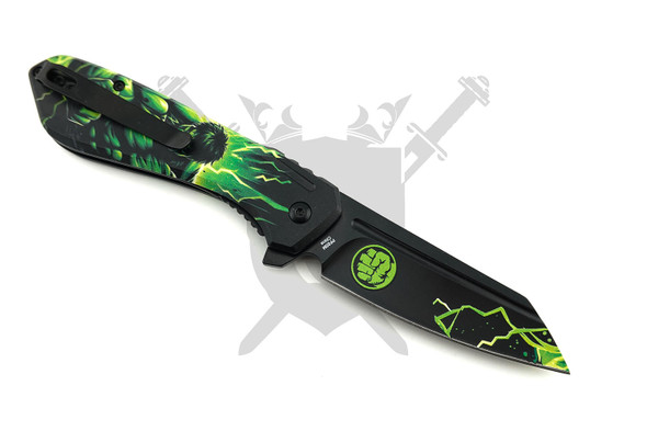 Reverse side of Gamma Rage Hulk assisted opening folding knife showing pocket clip and Hulk-themed reverse tanto blade.