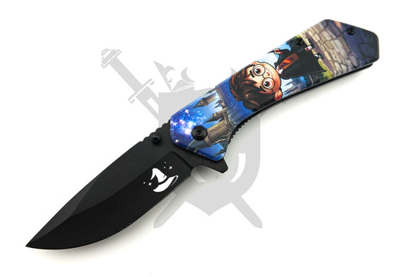 Wizard's Edge Toon Collector Harry Potter spring-assisted pocket knife open with black drop point blade and colorful cartoon Harry Potter aluminum handle.