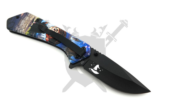 Reverse side of the Wizard's Edge Harry Potter assisted opening knife showing the black pocket clip and matte black drop point blade.