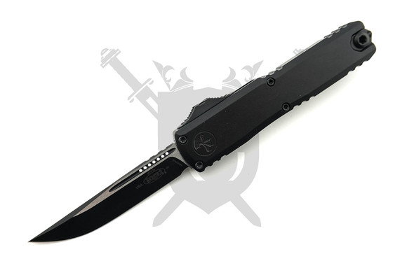 Microtech UTX-70 Gen IV 11484-1T automatic OTF knife with black handle and black drop point blade open front view
