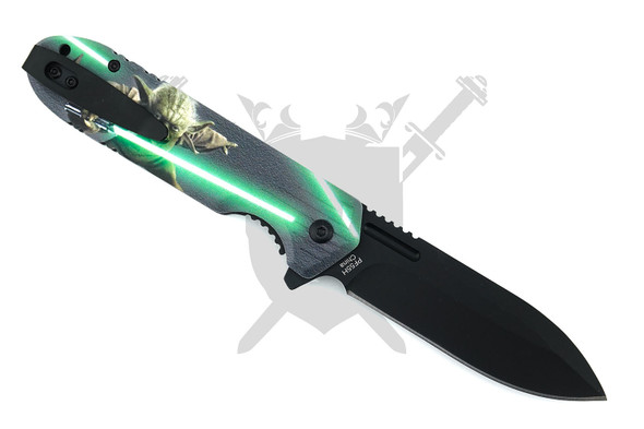 Jedi Master Tribute Yoda assisted opening knife reverse side with pocket clip and black blade.