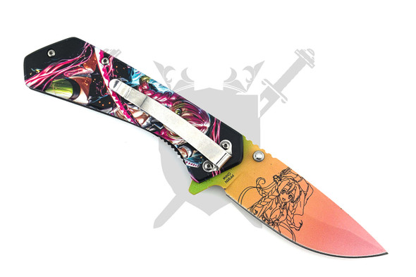 Reverse view of Breath of Love Mitsuri Kanroji assisted opening pocket knife with pocket clip