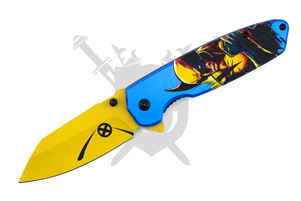 Feral Strike Wolverine Assisted Opening Pocket Knife with gold drop point blade open showing Wolverine graphic aluminum handle.
