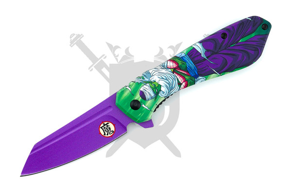 Piccolo Power Surge assisted opening knife with purple drop point blade open front view.