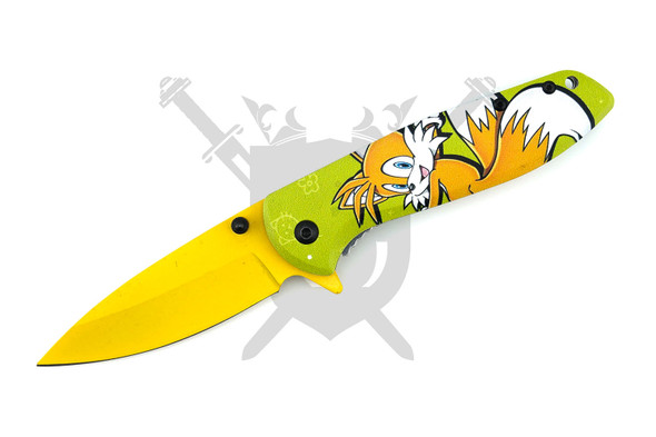 Twin-Tail Velocity assisted opening knife with yellow drop point blade open front view.