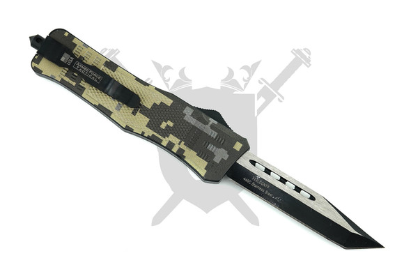 Reverse view of Stealth Grid Quick-Deploy OTF automatic knife showing pocket clip and Tanto blade