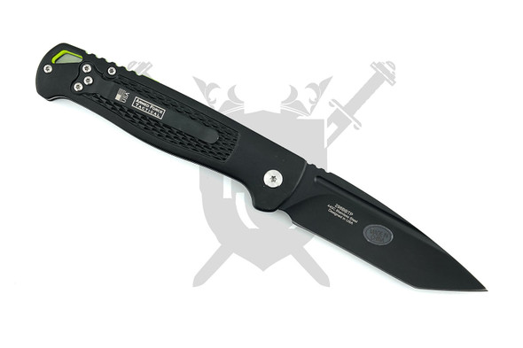 Reverse view of Armed Force Tactical Blackout Sentinel automatic knife showing pocket clip and gray Tanto blade.