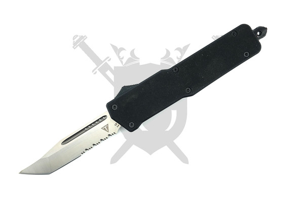 Armed Force Tactical Shadow Ridge OTF Automatic Knife 319LBSTS open with 4-inch satin partially serrated D2 Tanto blade and black G-10 handle.
