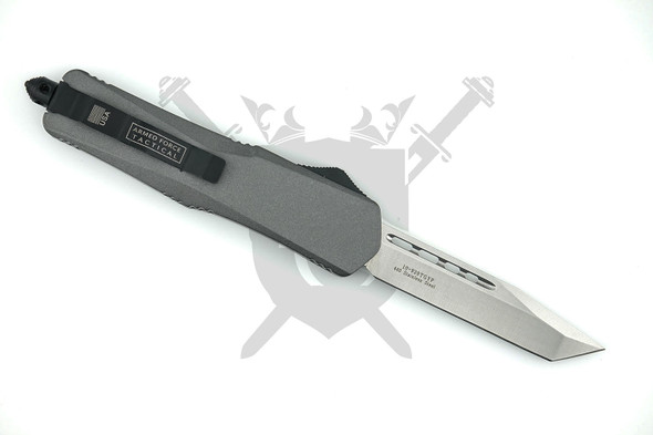 Reverse view of Armed Force Tactical Grey Heavy Duty Line Deployment OTF Automatic Knife 10-929TGYP showing pocket clip and satin Tanto blade.