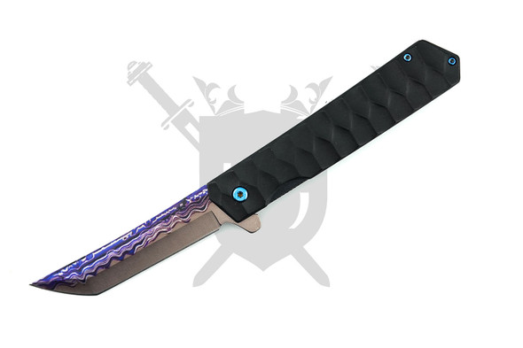 Elite Edge Modern Laser Damascus spring assisted flipper knife with purple etched American Tanto blade and black textured aluminum handle.