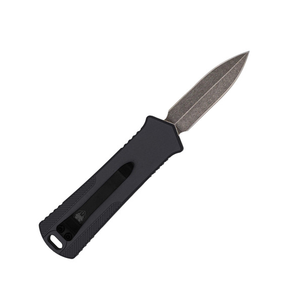 CobraTec OTF 952 Gen II Black Automatic Knife with Stonewashed D2 Double Edge Full Serrated Blade - Reverse View