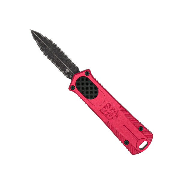 CobraTec OTF 952 Gen II Red Automatic Knife with Stonewashed D2 Double Edge Full Serrated Blade - Front View