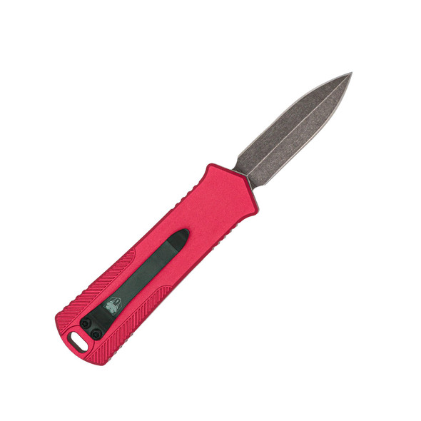 CobraTec OTF 952 Gen II Red Automatic Knife with Stonewashed D2 Double Edge Full Serrated Blade - Reverse View