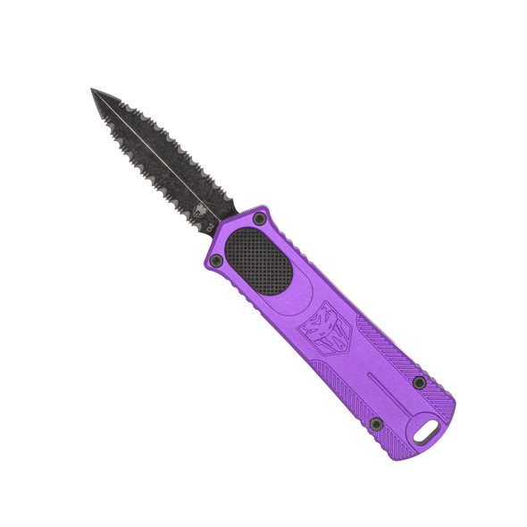 CobraTec OTF 952 Gen II Purple Automatic Knife with Stonewashed D2 Double Edge Full Serrated Blade - Front View