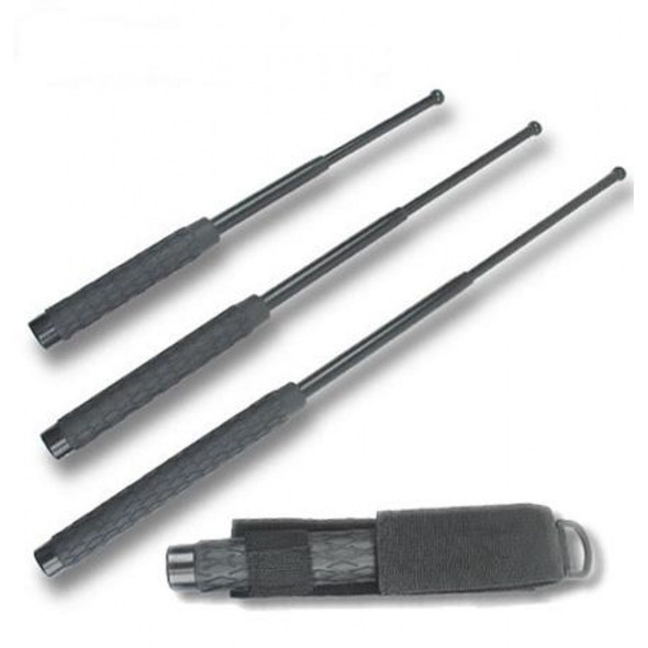 26-inch solid expandable steel baton with black textured rubber grip and black nylon belt holster made in Taiwan