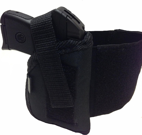 Protech Outdoors WANK-1LZ ankle holster holding a small-frame pistol with laser, showing adjustable retention strap and elastic ankle wrap