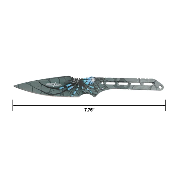 Perfect Point PP-318BL single 7.75-inch full-tang throwing knife with embossed blue spider and web design.