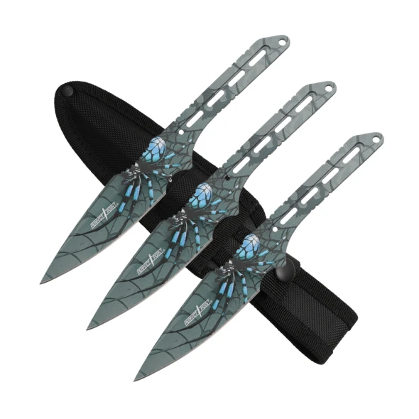 Perfect Point PP-318BL set of three blue spider throwing knives displayed across the included black nylon sheath.
