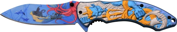Front open view of the Masters Collection MC-A027BL knife showing its underwater mermaid blade graphic and embossed Poseidon handle.