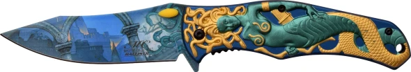 Front open view of the Masters Collection MC-A028GG knife showing the ancient ruins blade graphic and embossed green and gold Medusa handle.