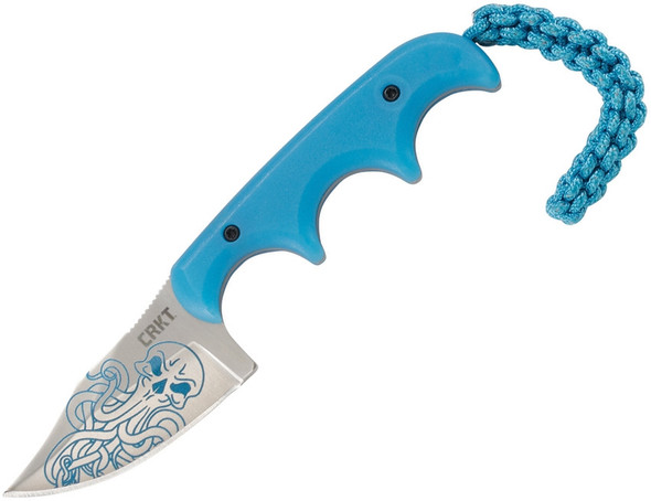 CRKT Folts Minimalist Bowie Cthulhu Fixed Blade Neck Knife  Satin with Etching, Blue Thermoplastic Handles, Thermoplastic Sheath