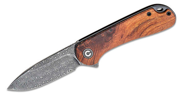 CIVIVI Elementum Damascus Flipper Knife with Cuibourtia wood handle and drop point Damascus blade, displayed open. CIVIVI Elementum Damascus Flipper Knife with Cuibourtia wood handle and drop point Damascus blade, displayed open.