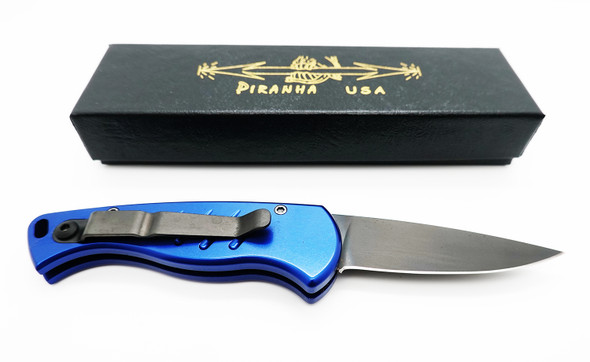 Piranha Fingerling Blue Automatic Knife Tactical Black Blade