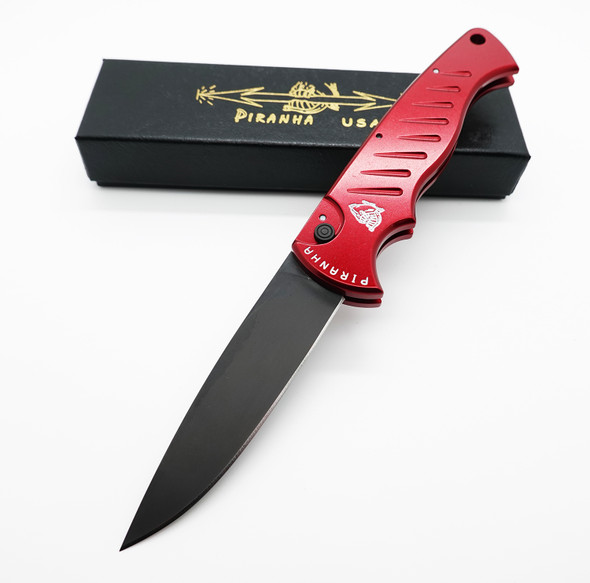 Piranha Pocket Automatic Knife Red Tactical Black Blade