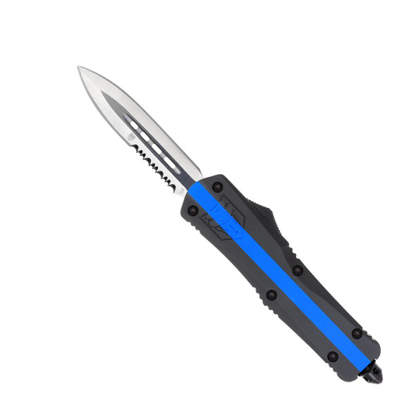 Cobratec Automatic OTF Medium FS-3 Thin Blue Line USA Flag Double Edge 1-Side Serrated Blade