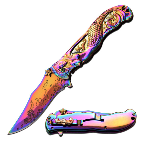 Masters Collection Spring Assist Folding Knife Neo Chrome Mermaid Embossed Under The Sea
