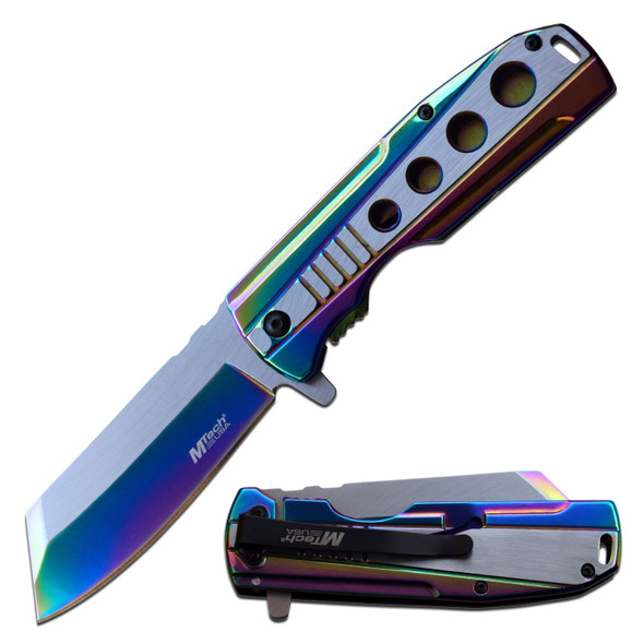 MTech USA Spring Assisted Knife Rainbow Cleaver Blade, Rainbow Stainless Steel Handle