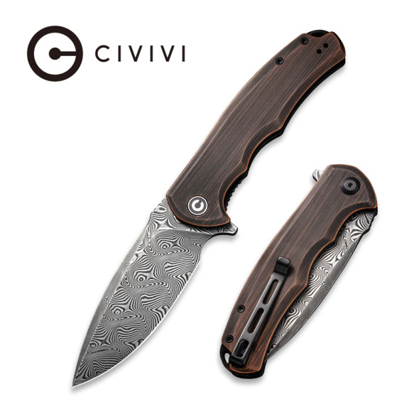 CIVIVI Praxis Flipper Knife Copper Handle Drop Point Damascus Blade