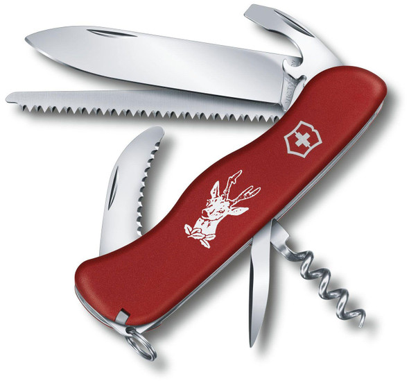Victorinox Swiss Army Hunter multi-tool in red polyamide with blades, wood saw, and gutting blade extended