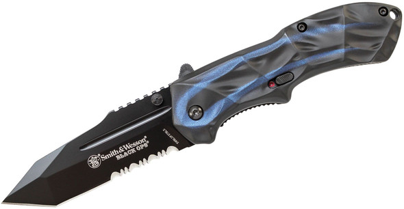 Smith & Wesson Black Ops 3 MAGIC Assisted Flipper Black Combo Tanto Serrated Blade, Smoked Blue/Black Aluminum Handles